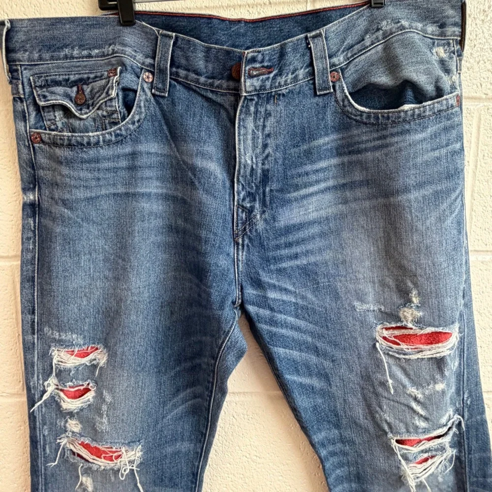 True Religion Mens Geno Distressed Jeans 42 Blue Red Backed Ripped Y2K Flap